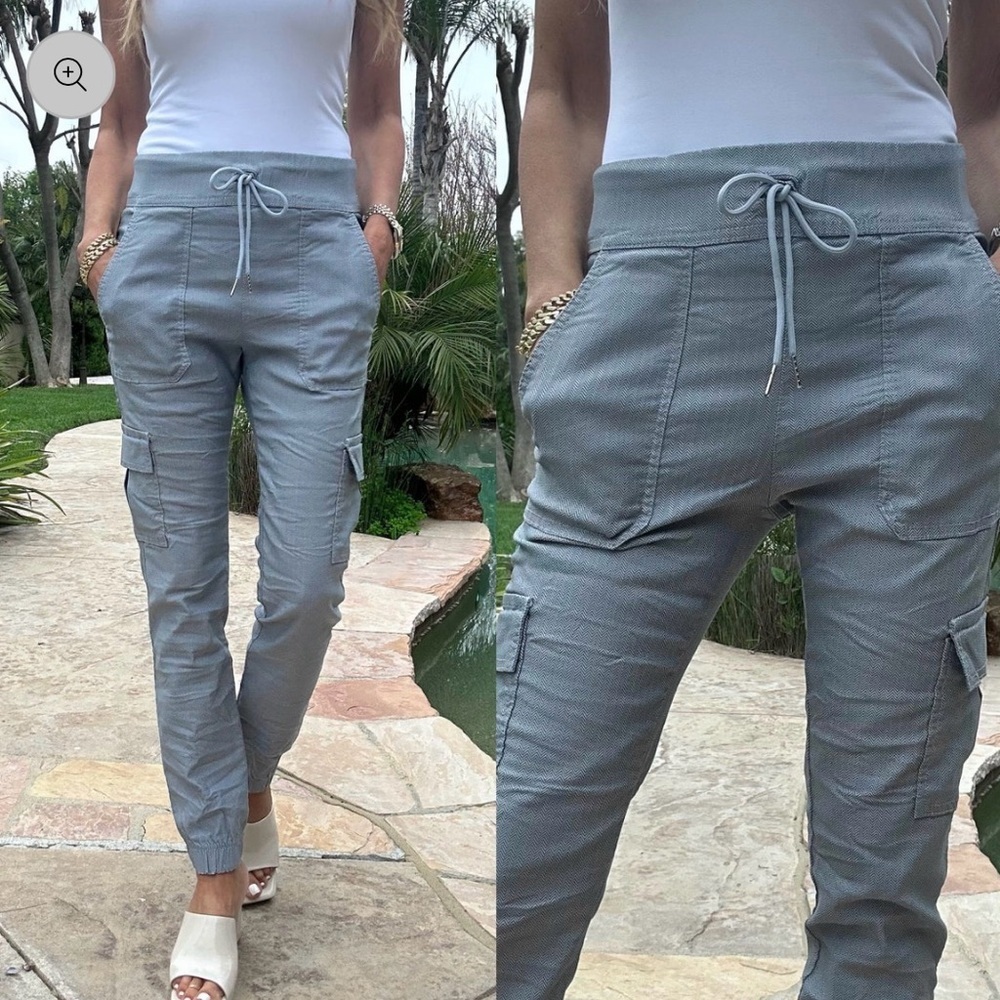 NEW BEVY FLOG Gaya Cargo Joggers Blue Gray Herringbone Drawstring Waist sz 28